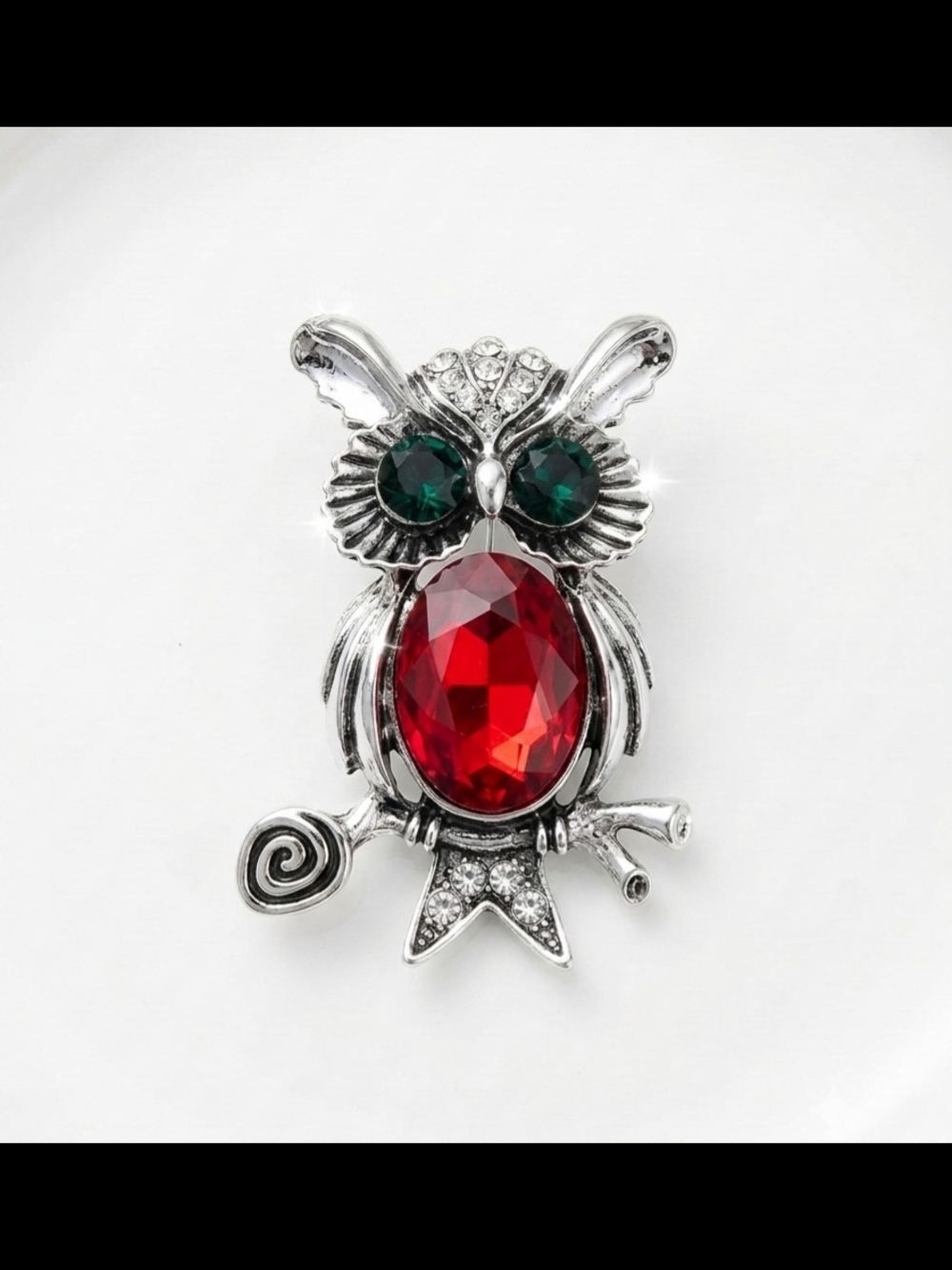 Silver Owl Brooch with Red and Green Crystals
